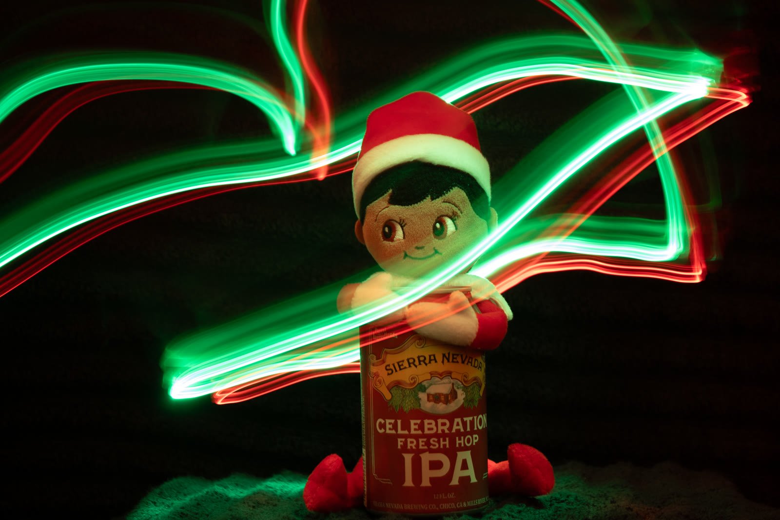 From "Christmas Lights," a long-exposure light painting featuring an Elf on the Shelf.