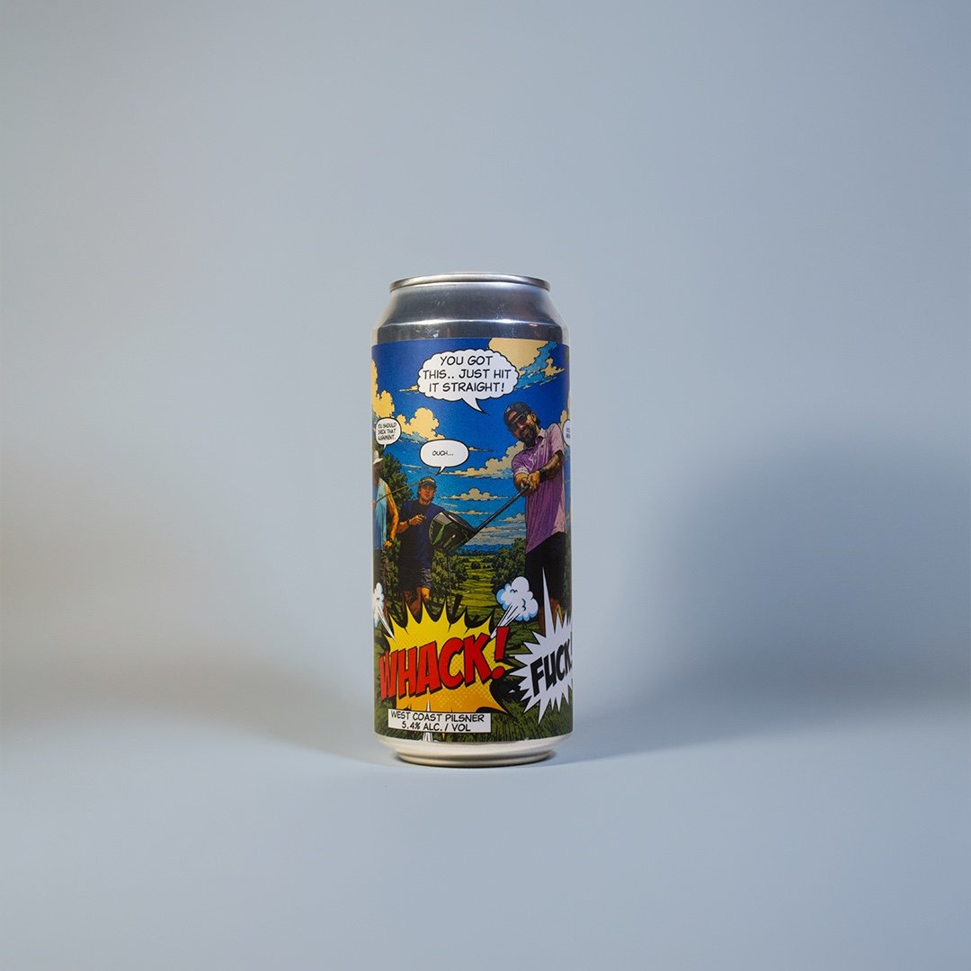 Studio product shot of Whack F@#$, a West Coast Pilsner, lit on a clean seamless backdrop.